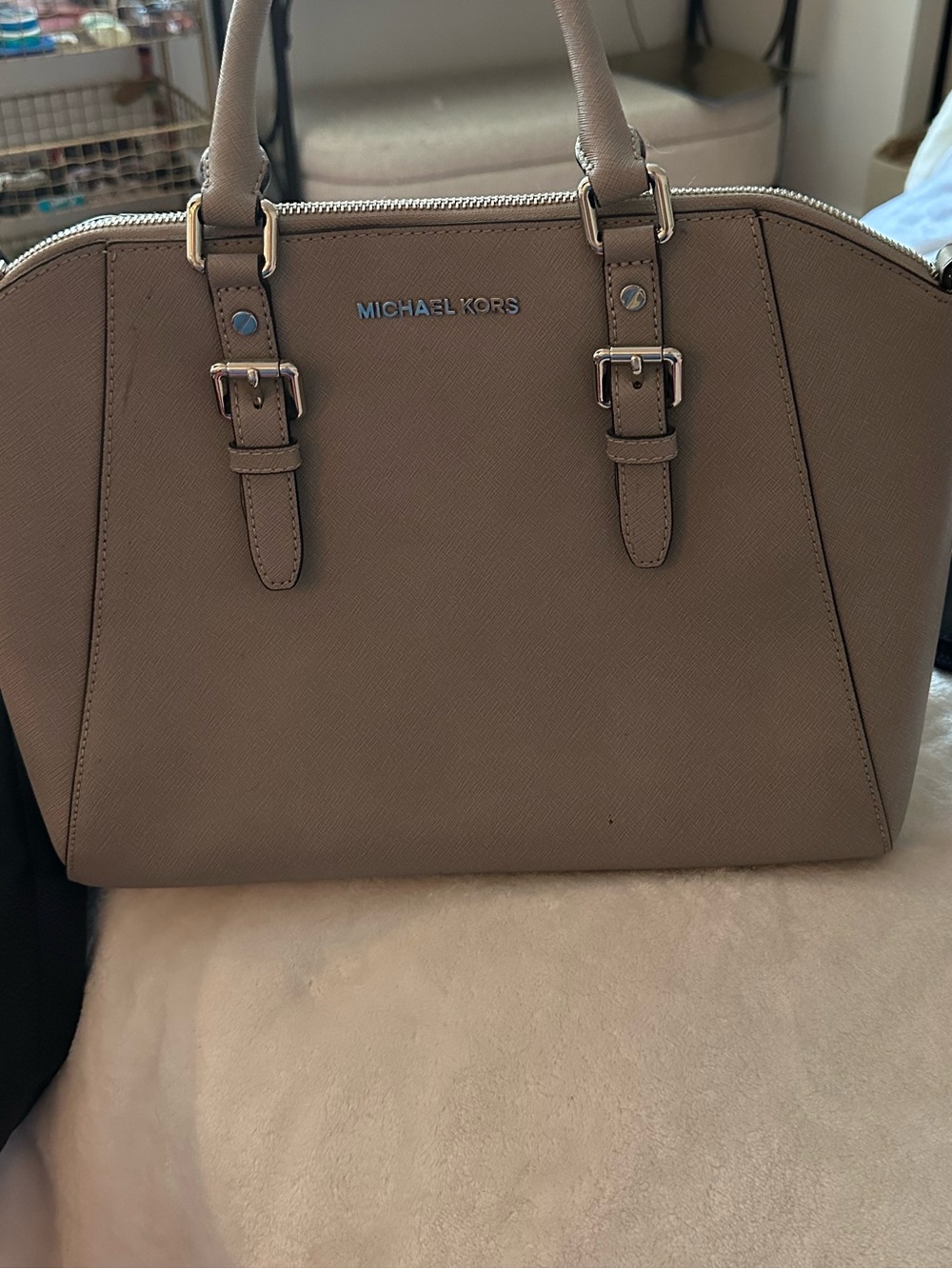 MICHAEL KORS Ciara Large Saffiano Leather Satchel in Pearl Grey